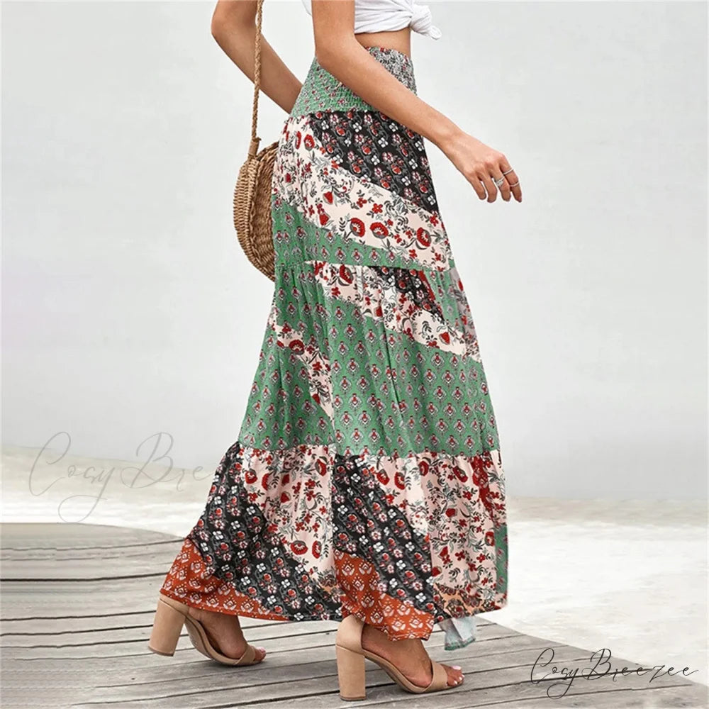 Bohemian Elastic Waist Floral Print Vintage Skirt skirt-250126