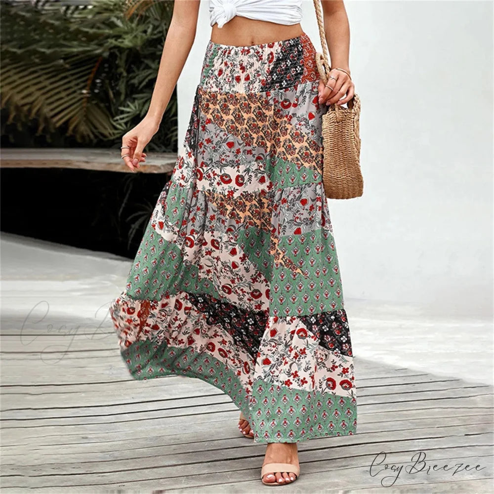 Bohemian Elastic Waist Floral Print Vintage Skirt Green / S skirt-250126