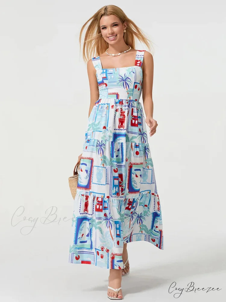 Bohemian Floral Geometric Print Flow Tank Square Neck Sleeveless A-Line Dress BLUE2 / S floraldress-250126