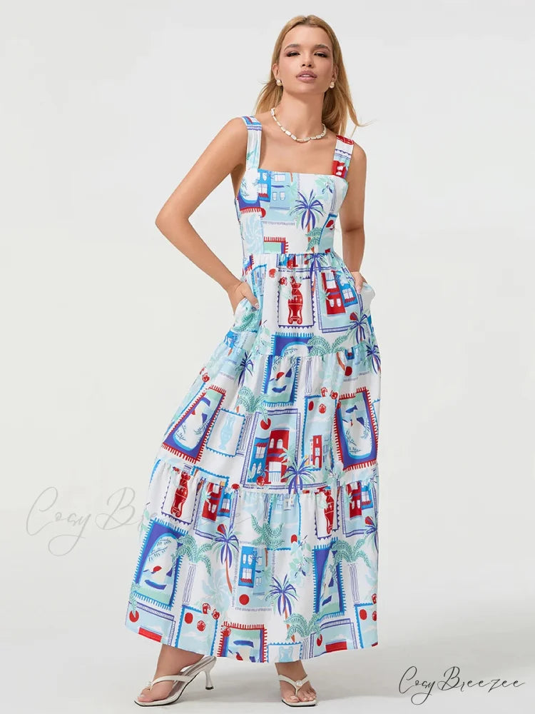 Bohemian Floral Geometric Print Flow Tank Square Neck Sleeveless A-Line Dress floraldress-250126