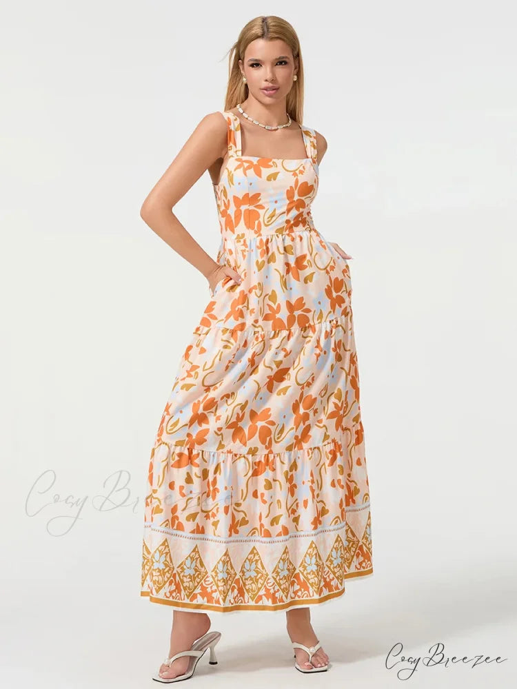 Bohemian Floral Geometric Print Flow Tank Square Neck Sleeveless A-Line Dress floraldress-250126