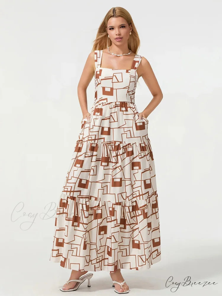 Bohemian Floral Geometric Print Flow Tank Square Neck Sleeveless A-Line Dress floraldress-250126