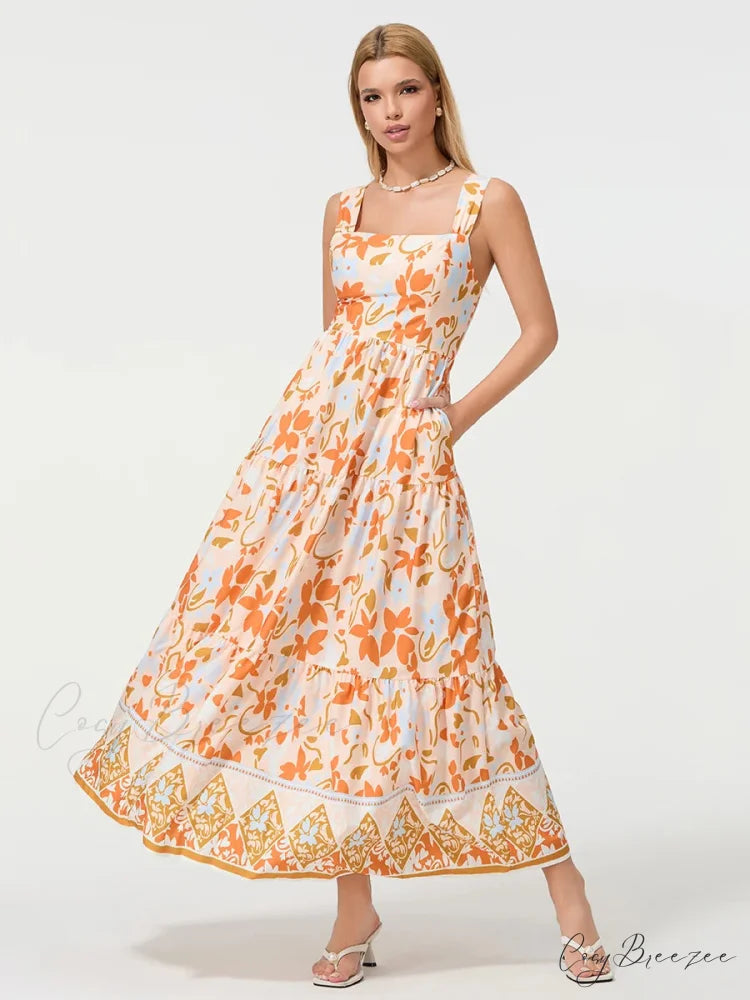Bohemian Floral Geometric Print Flow Tank Square Neck Sleeveless A-Line Dress ORANGE / S floraldress-250126