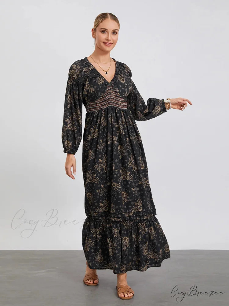 Bohemian Floral Print Puff Sleeve Swing Dress BLACK1 / S floraldress-250126