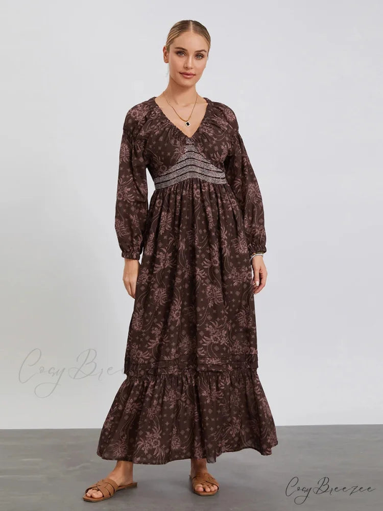 Bohemian Floral Print Puff Sleeve Swing Dress BLACK2 / S floraldress-250126