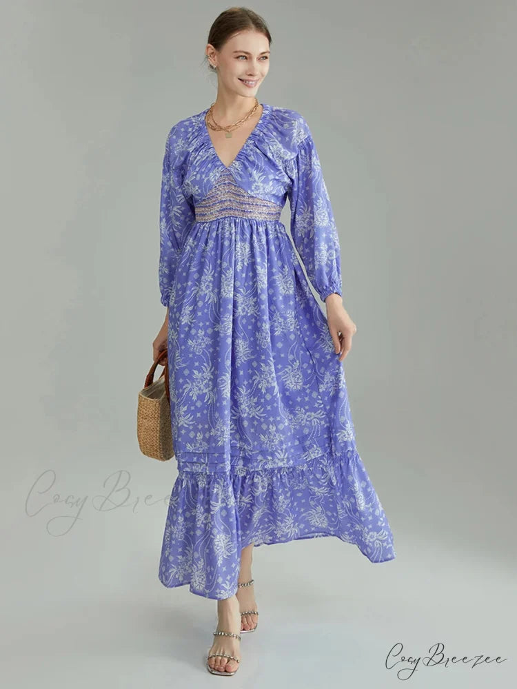 Bohemian Floral Print Puff Sleeve Swing Dress BLUE / S floraldress-250126