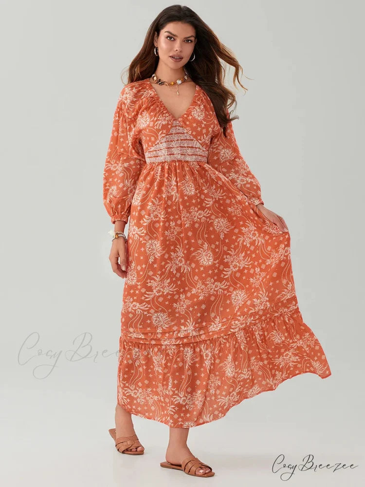 Bohemian Floral Print Puff Sleeve Swing Dress floraldress-250126
