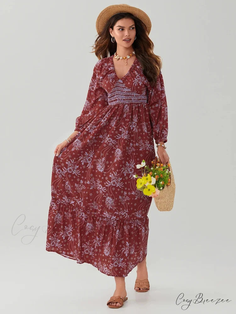 Bohemian Floral Print Puff Sleeve Swing Dress floraldress-250126