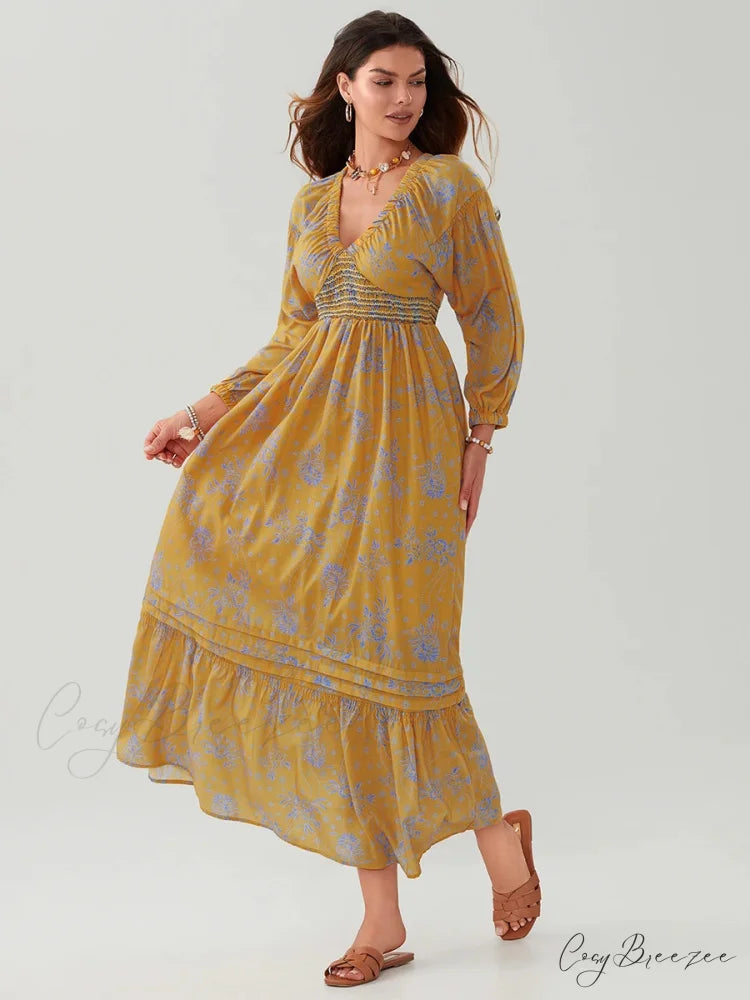 Bohemian Floral Print Puff Sleeve Swing Dress floraldress-250126