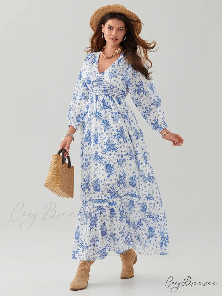 Bohemian Floral Print Puff Sleeve Swing Dress floraldress-250126
