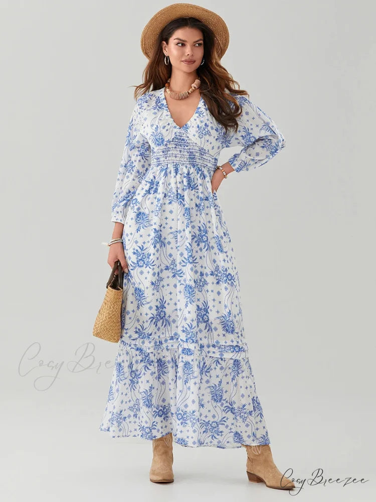 Bohemian Floral Print Puff Sleeve Swing Dress LIGHT BLUE / S floraldress-250126