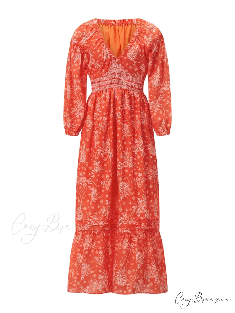 Bohemian Floral Print Puff Sleeve Swing Dress ORANGE / S floraldress-250126