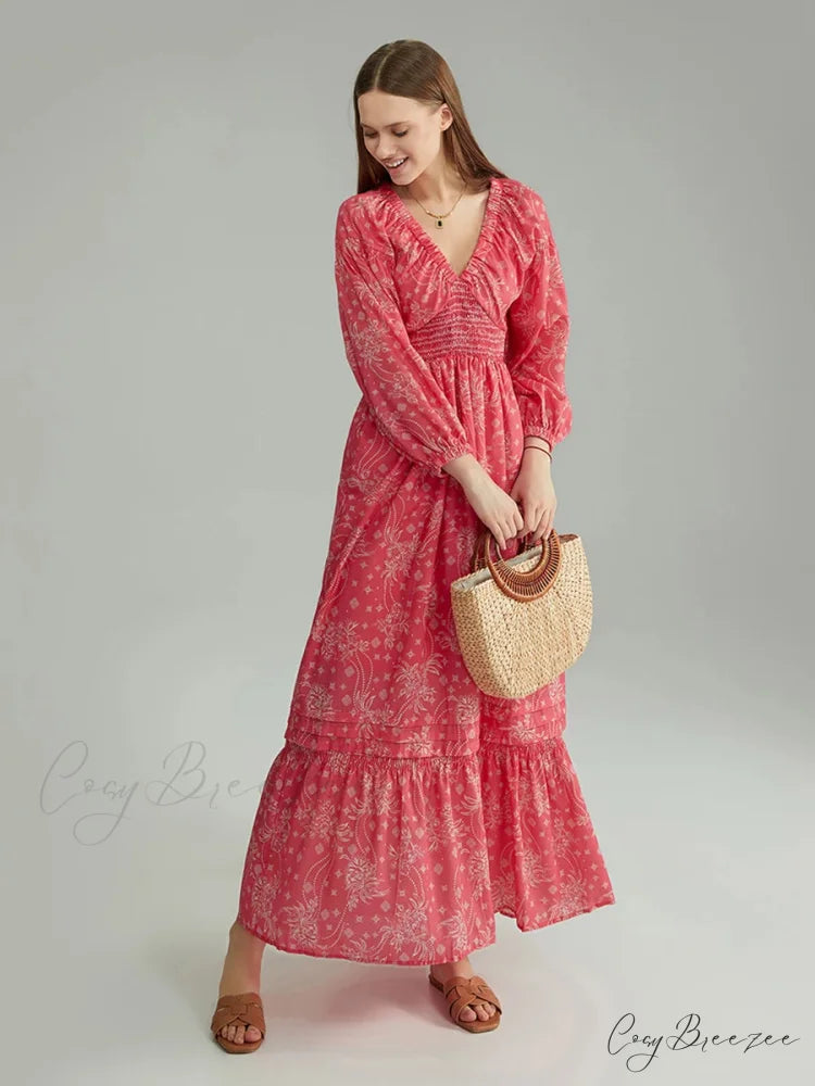 Bohemian Floral Print Puff Sleeve Swing Dress RED1 / S floraldress-250126