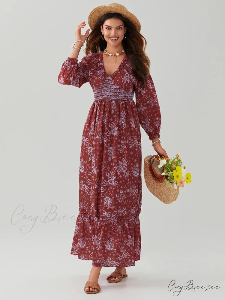 Bohemian Floral Print Puff Sleeve Swing Dress RED2 / S floraldress-250126