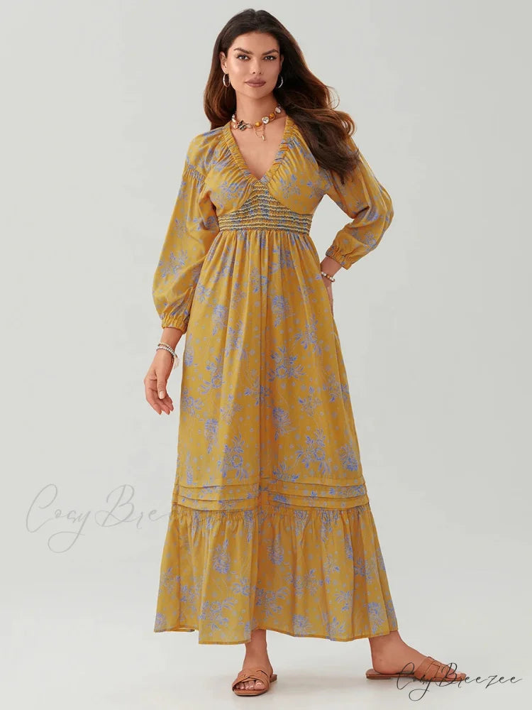 Bohemian Floral Print Puff Sleeve Swing Dress YELLOW / S floraldress-250126