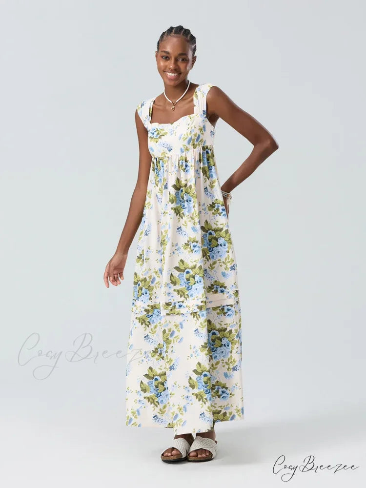 Bohemian Floral Tank Back Tied Square Neck Ruffle Flowy Dress floraldress-250126
