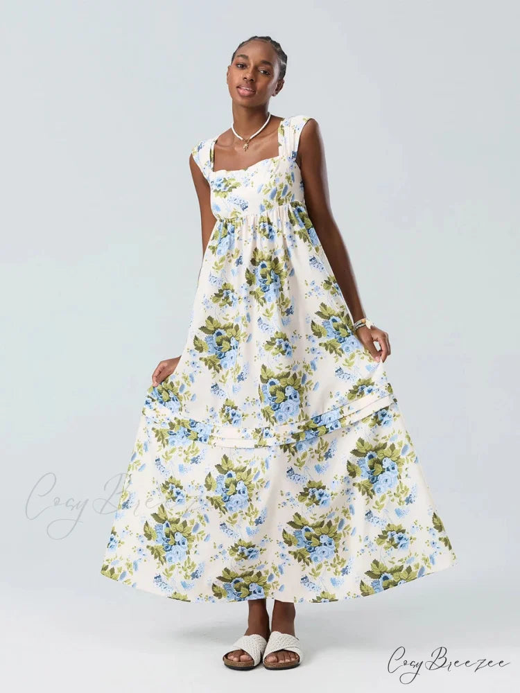 Bohemian Floral Tank Back Tied Square Neck Ruffle Flowy Dress floraldress-250126