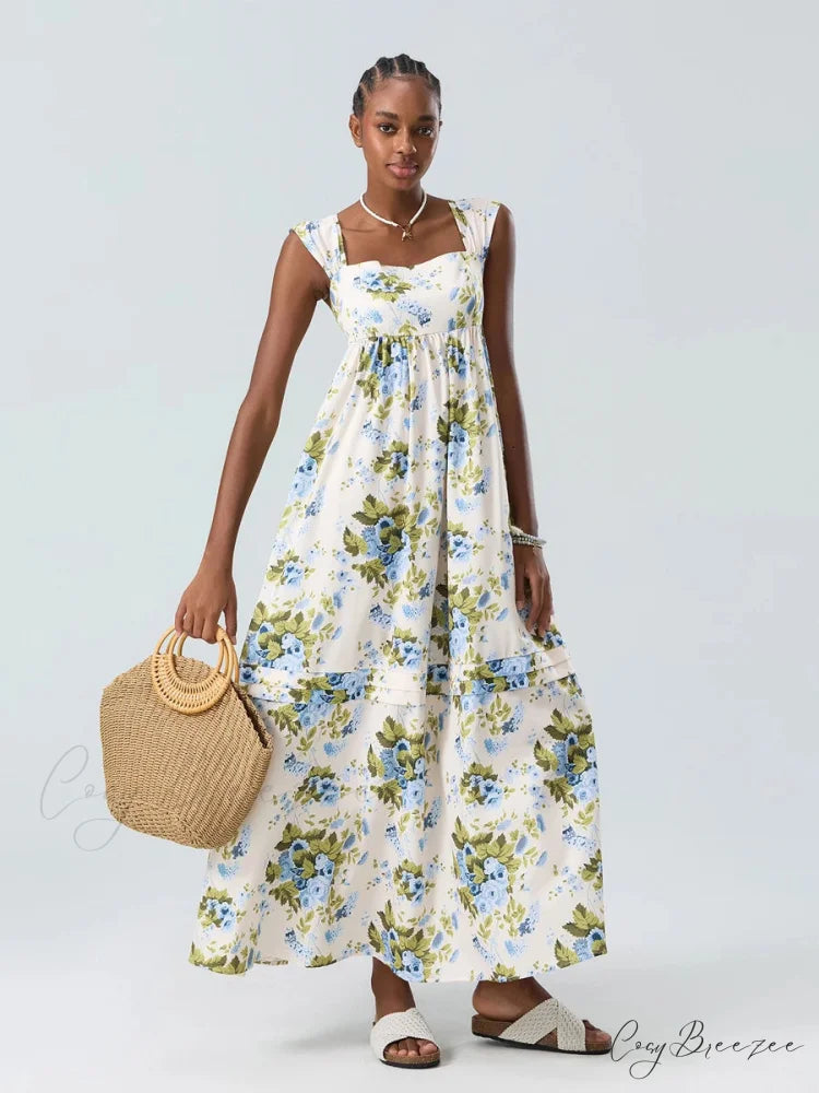 Bohemian Floral Tank Back Tied Square Neck Ruffle Flowy Dress floraldress-250126