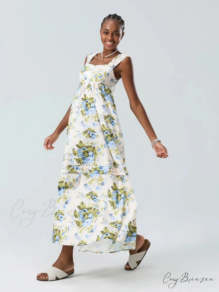 Bohemian Floral Tank Back Tied Square Neck Ruffle Flowy Dress floraldress-250126