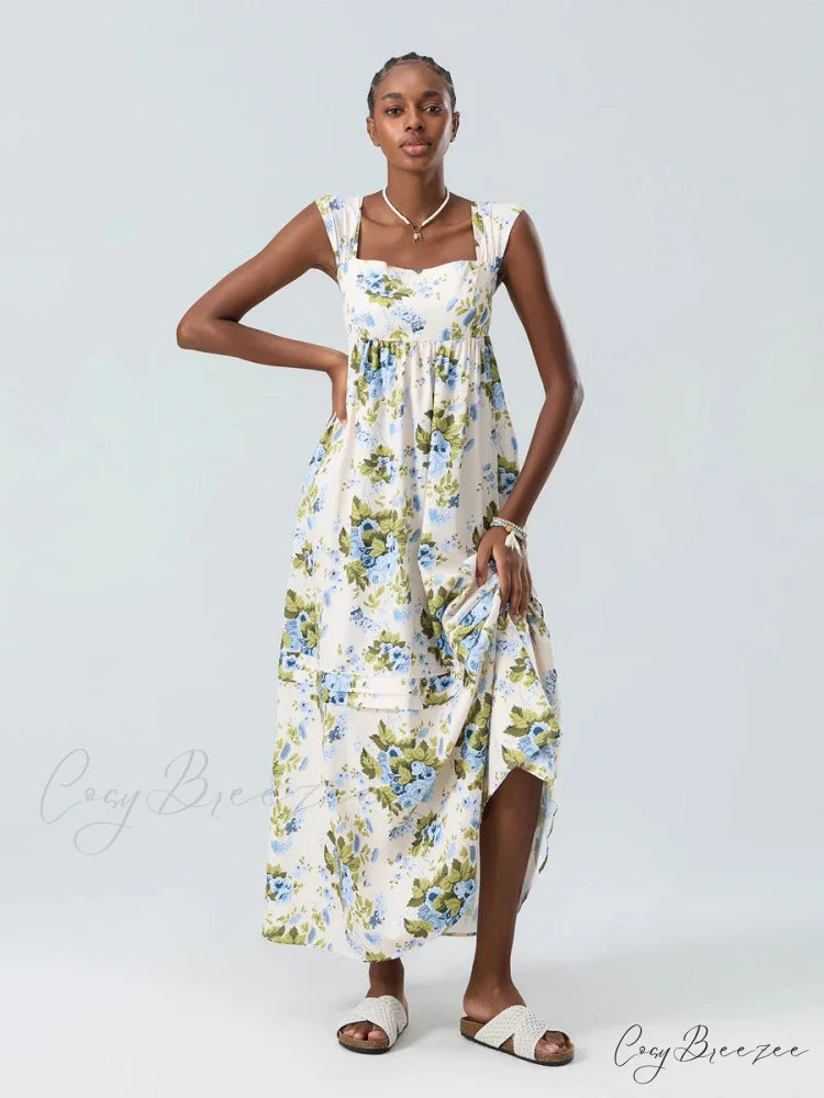 Bohemian Floral Tank Back Tied Square Neck Ruffle Flowy Dress Green / S floraldress-250126