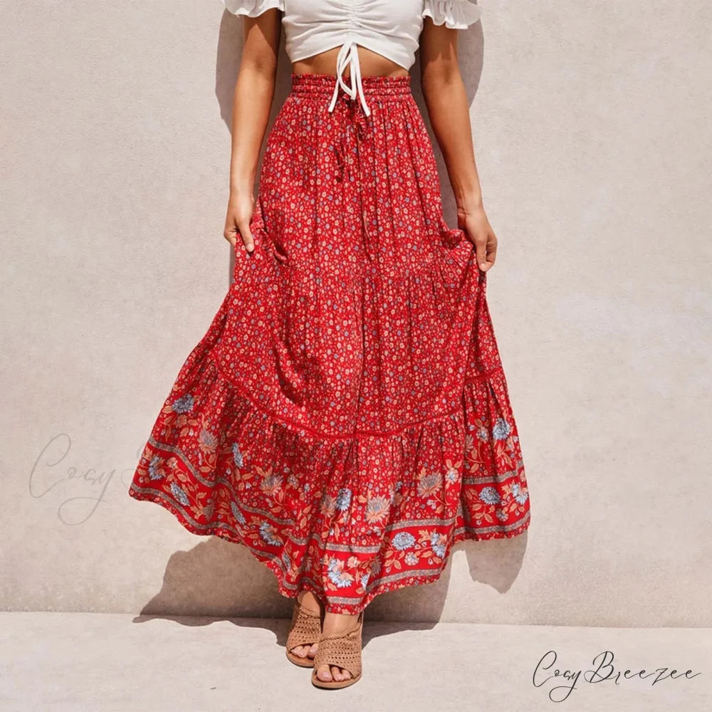 Bohemian Lace High Waist Slim Floral Skirt Red / S skirt-250126
