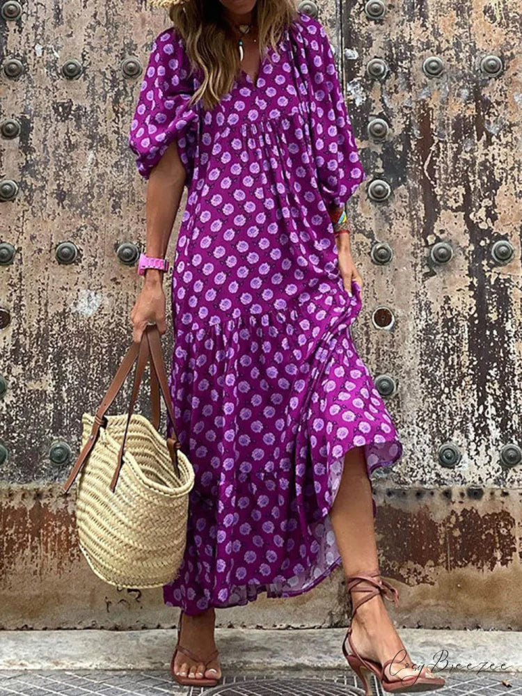 Bohemian Printed Stylish Maxi Dress Purple / S