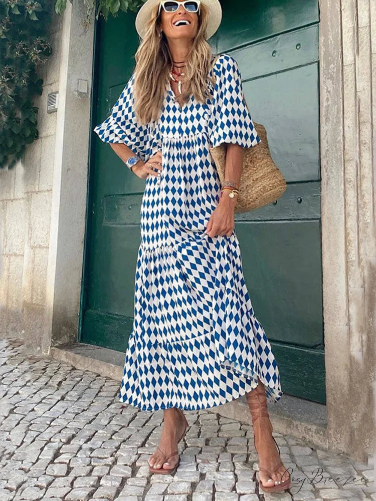 Bohemian Printed Stylish Maxi Dress Sky Blue / S