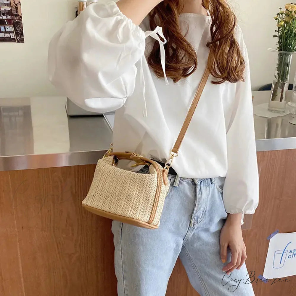 Bohemian Straw Crossbody Bucket Beach Handbag khaki / 20x11x12cm handbag-250126