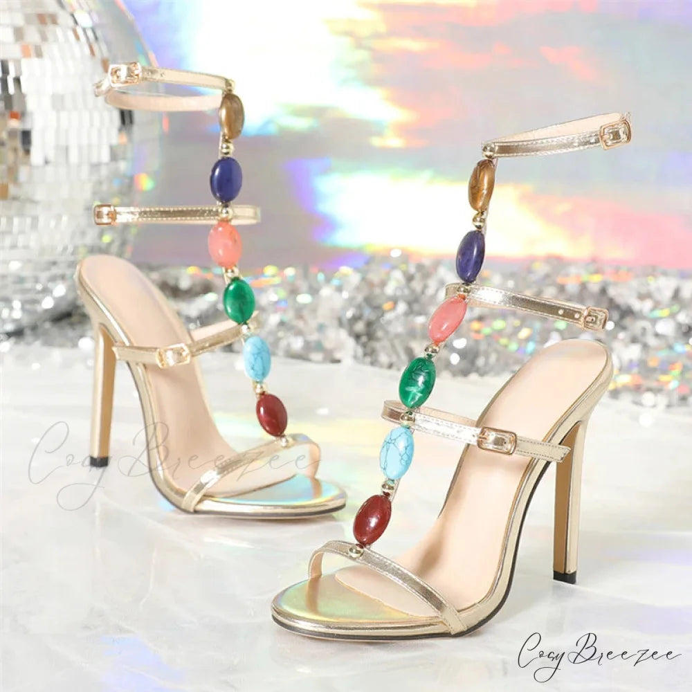 Bohemian Style Gem Strap High Heels Gladiator Sandals - Women’s Summer Open Toe Shoes for Wedding Banquets