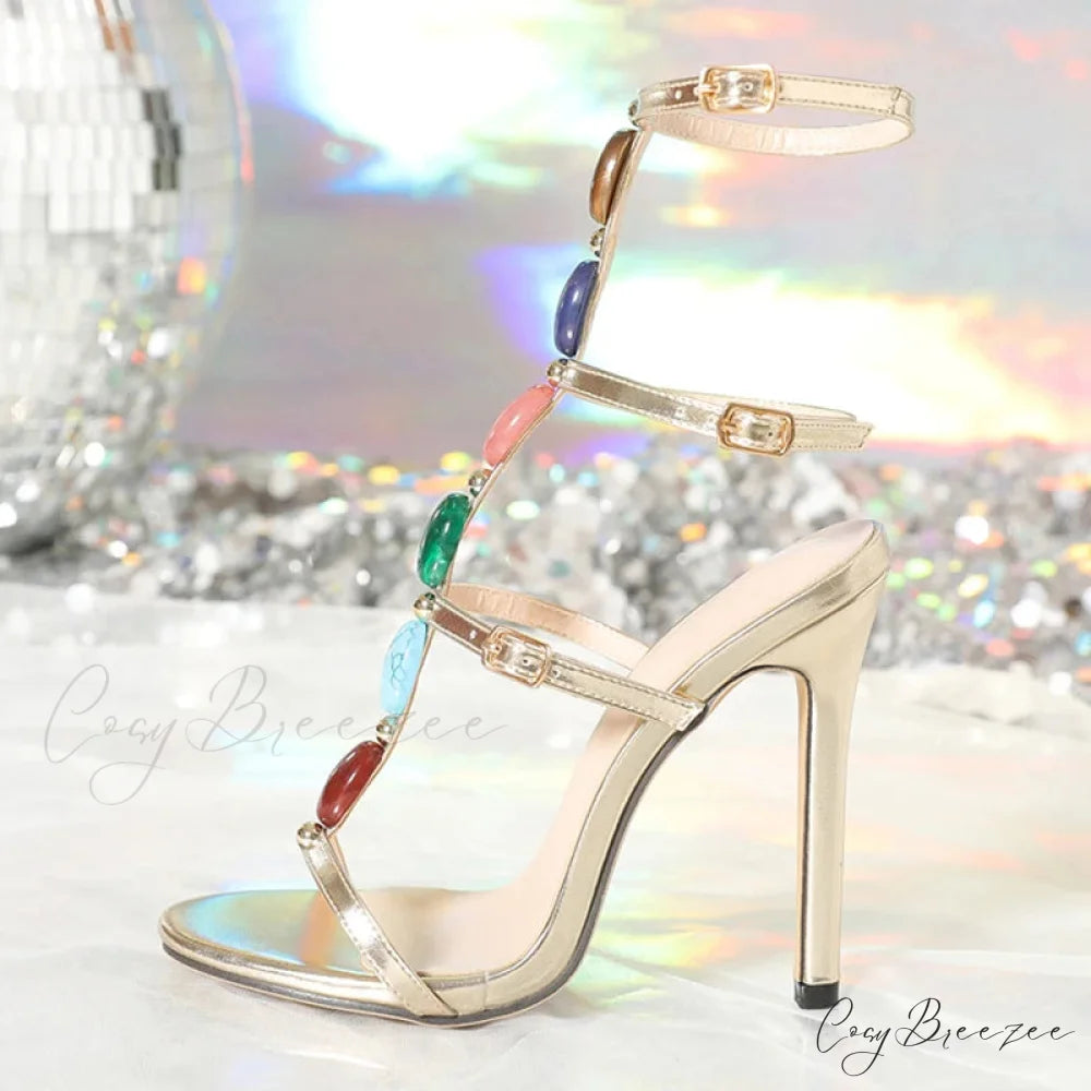 Bohemian Style Gem Strap High Heels Gladiator Sandals - Women’s Summer Open Toe Shoes for Wedding Banquets Golden / 36