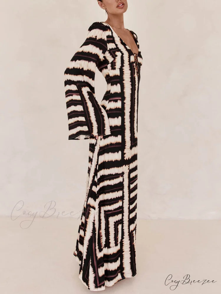 Bohemian Style Unique Printed Graceful V Tie Ring Maxi Dress