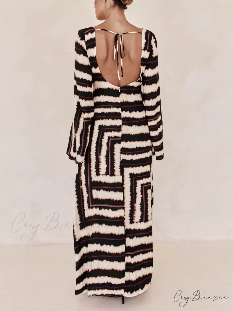 Bohemian Style Unique Printed Graceful V Tie Ring Maxi Dress