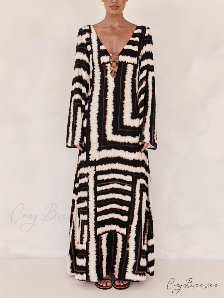 Bohemian Style Unique Printed Graceful V Tie Ring Maxi Dress