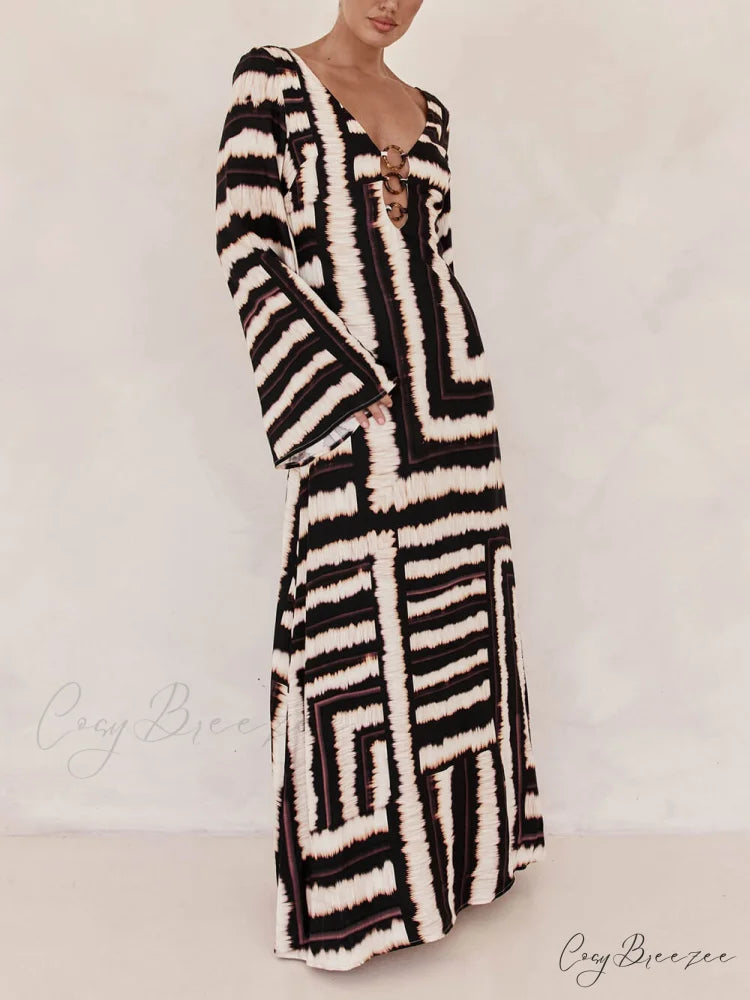 Bohemian Style Unique Printed Graceful V Tie Ring Maxi Dress Black / S