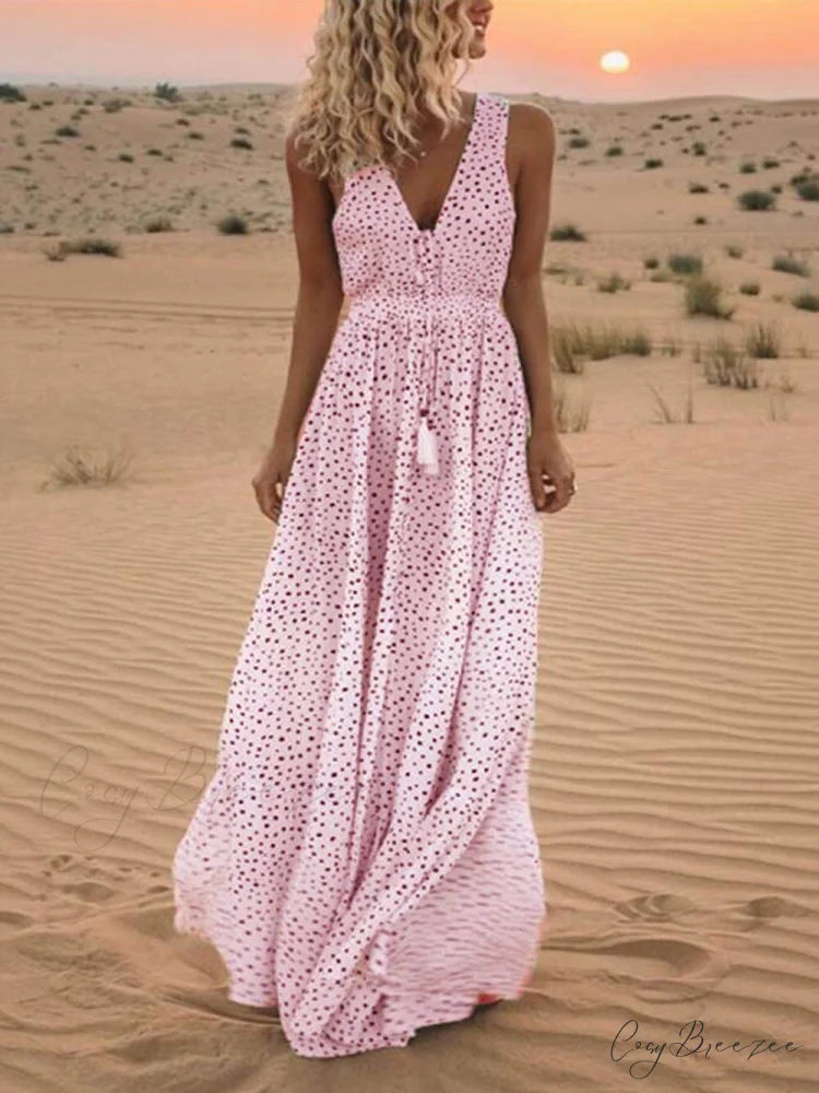 Bohemian V-Neck Sleeveless Charming Polka-Dot Maxi Skirt Pink / S