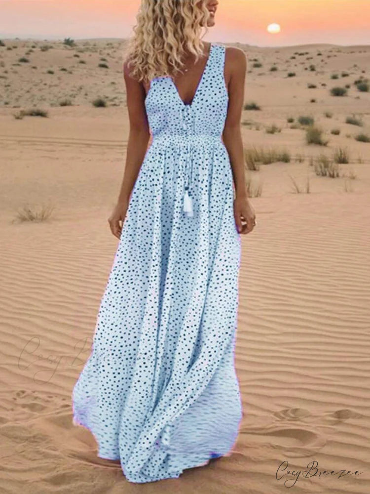 Bohemian V-Neck Sleeveless Charming Polka-Dot Maxi Skirt Sky Blue / S