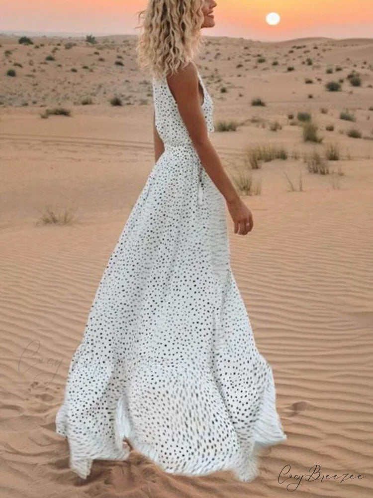 Bohemian V-Neck Sleeveless Charming Polka-Dot Maxi Skirt White / S