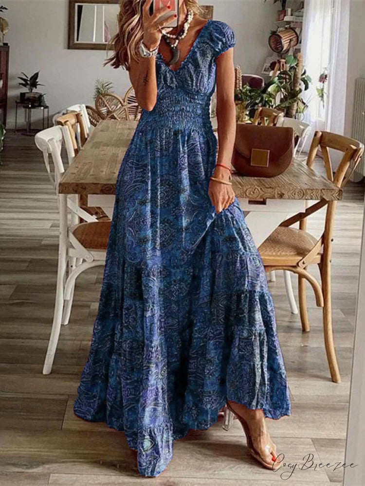 Bohemian Waisted Stylish Floral Print Dress Blue / S