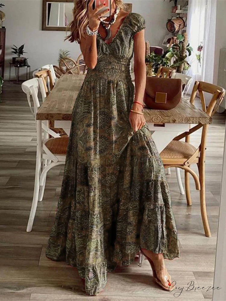 Bohemian Waisted Stylish Floral Print Dress Brown / S