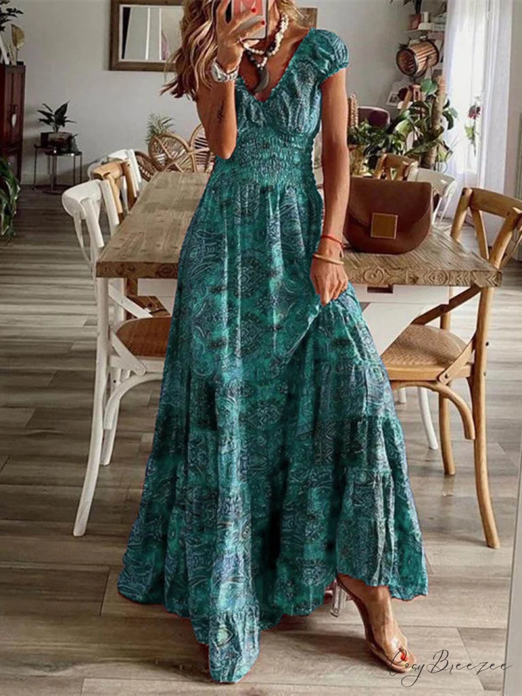 Bohemian Waisted Stylish Floral Print Dress Green / S