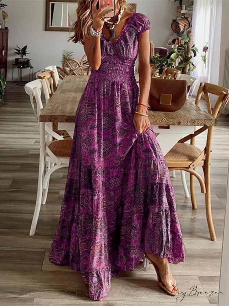 Bohemian Waisted Stylish Floral Print Dress Purple / S