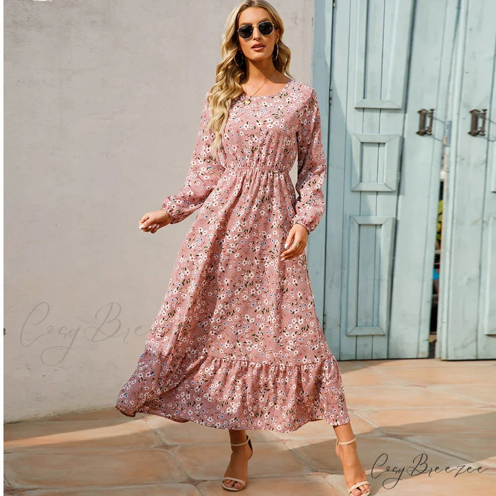 Bohemian Womens Chiffon Floral Maxi Dress cloro1 / S oldfloraldress-250126