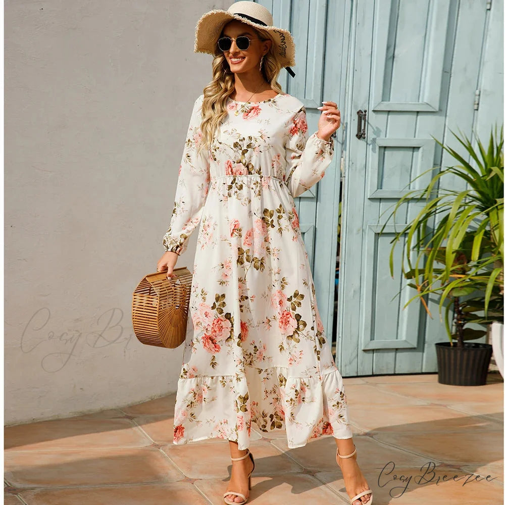 Bohemian Womens Chiffon Floral Maxi Dress cloro2 / S oldfloraldress-250126