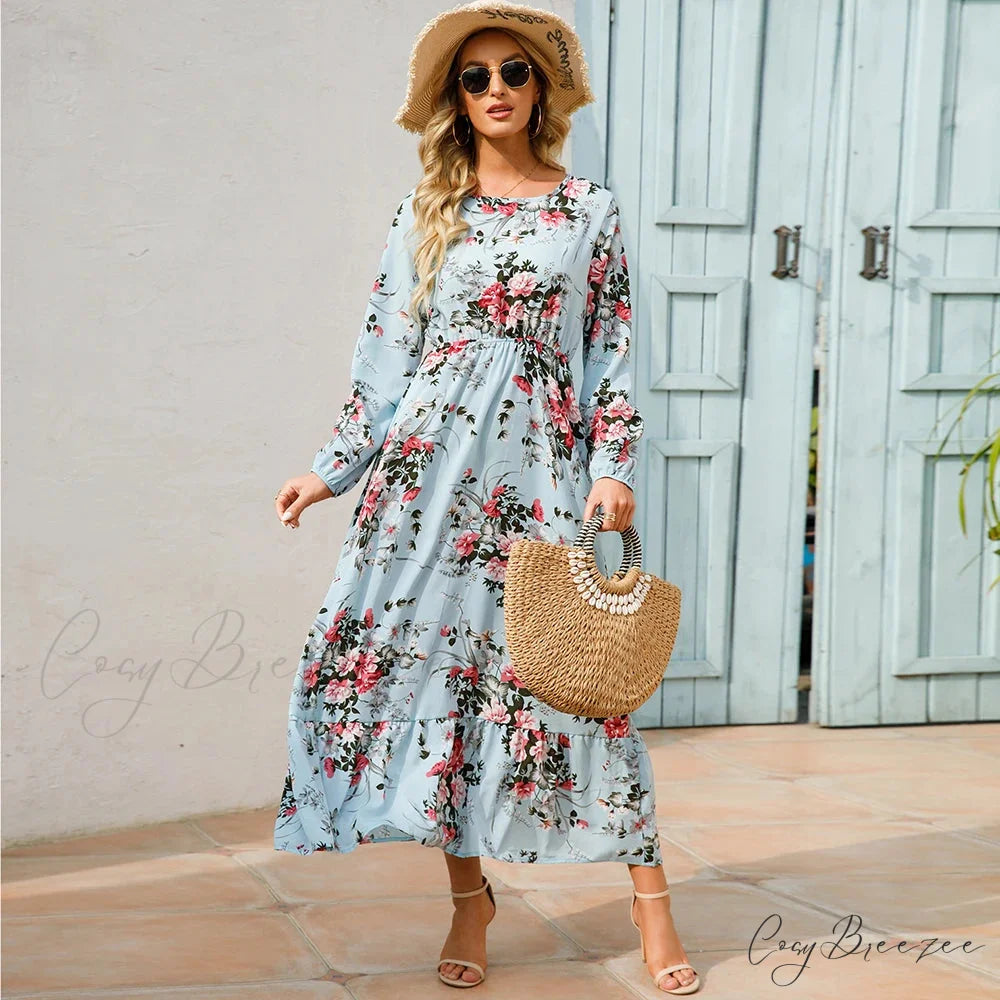 Bohemian Womens Chiffon Floral Maxi Dress cloro3 / S oldfloraldress-250126