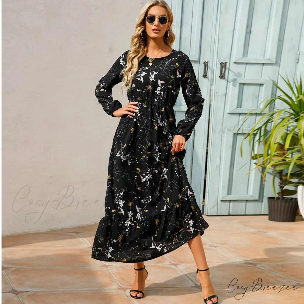 Bohemian Womens Chiffon Floral Maxi Dress cloro4 / S oldfloraldress-250126