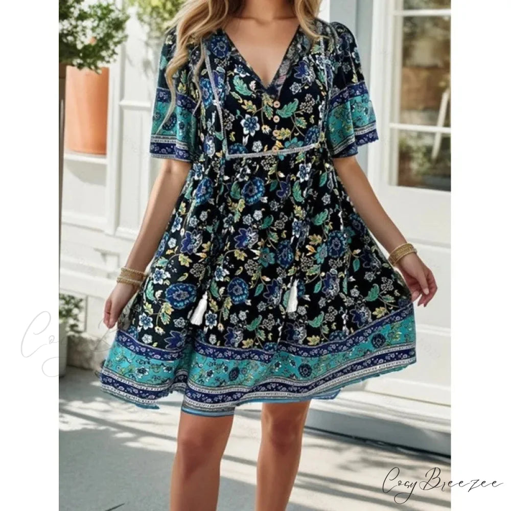 Boho Beach Floral Print Mini Dress oldfloraldress-250126