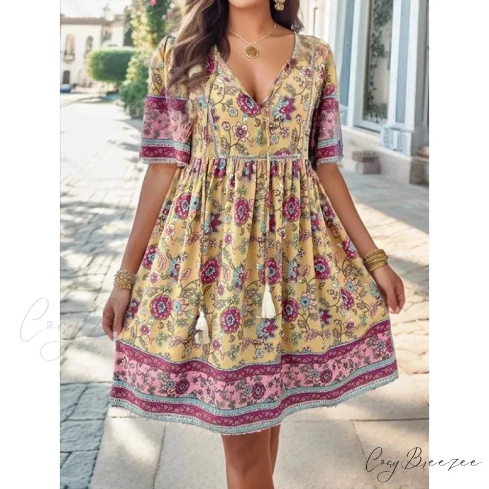 Boho Beach Floral Print Mini Dress oldfloraldress-250126