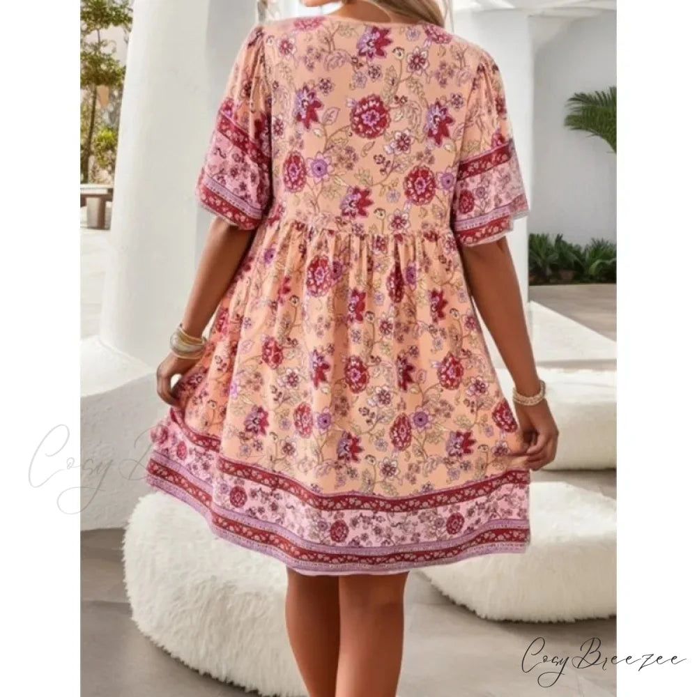 Boho Beach Floral Print Mini Dress oldfloraldress-250126