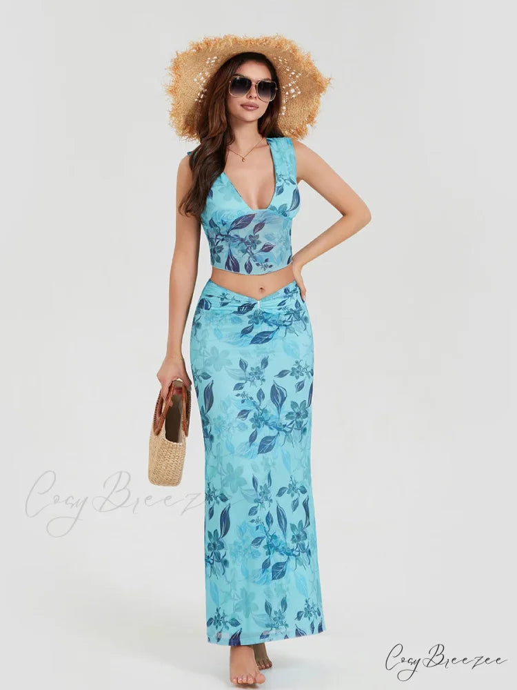Boho Blue Floral Back Bandage Tank Dress floraldress-250126