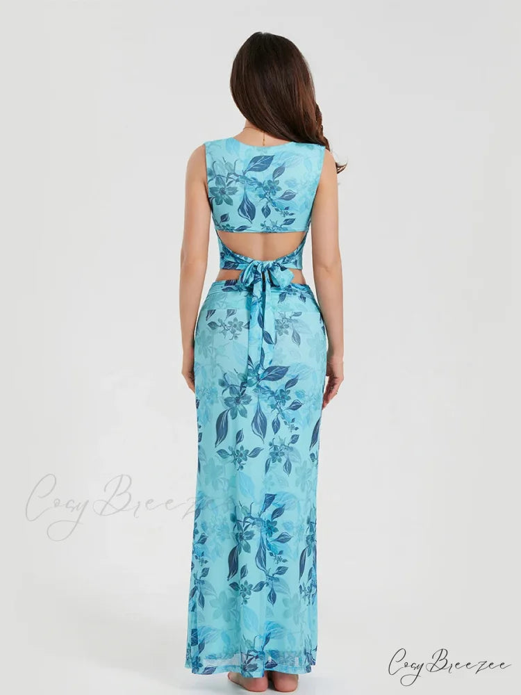 Boho Blue Floral Back Bandage Tank Dress floraldress-250126
